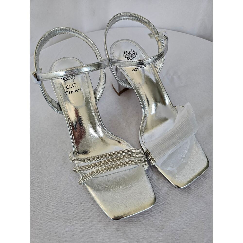 Silver Rhinestone Strap Heeled Sandals